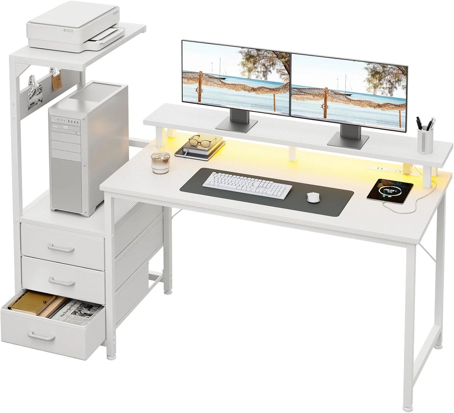 Special Gaming Desk w/PC Showcase Stand, 59 Reversible, Elevated stand fits Lian Li O11, Hyte Y60. Triple drawers hide - Image 6