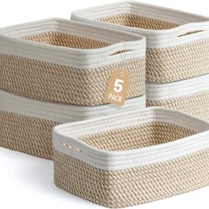 Special 5 Pack Small Woven Storage Baskets for Shelves, Gift Baskets Empty, 11.8×7.9×4.7, Decorative Cotton Rope Baskets