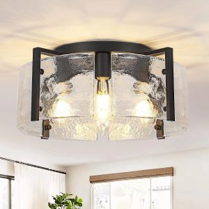 Special Modern Gold Semi Flush Mount Ceiling Light, Dimmable, 3-Light Farmhouse Glass Drum Light Fixture