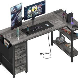 Special Lufeiya White L Shaped Computer Desk with Drawers & Storage Shelves, 47 Inch Corner Reversible Desk with Power Outlet