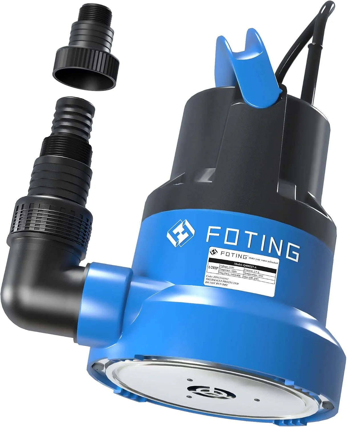 Special 1/2HP Submersible Water Pump with Stainless Steel Base, Removes Water to 0.04 Depth, 2450GPH Portable Sump Pump