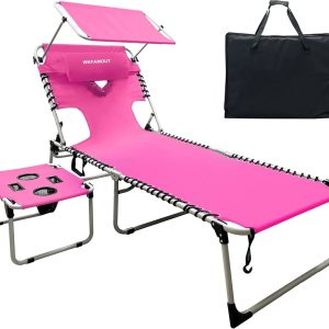 Special Outdoor Tanning Chair with Sun Canopy Shade & Face Hole, Folding Lounge Chair with Beach Table and Carry Bag