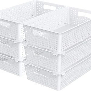 Special Plastic Woven Basket Organizer, 6 Pack, White, 14.5 D x 8.5 W x 3.5 H