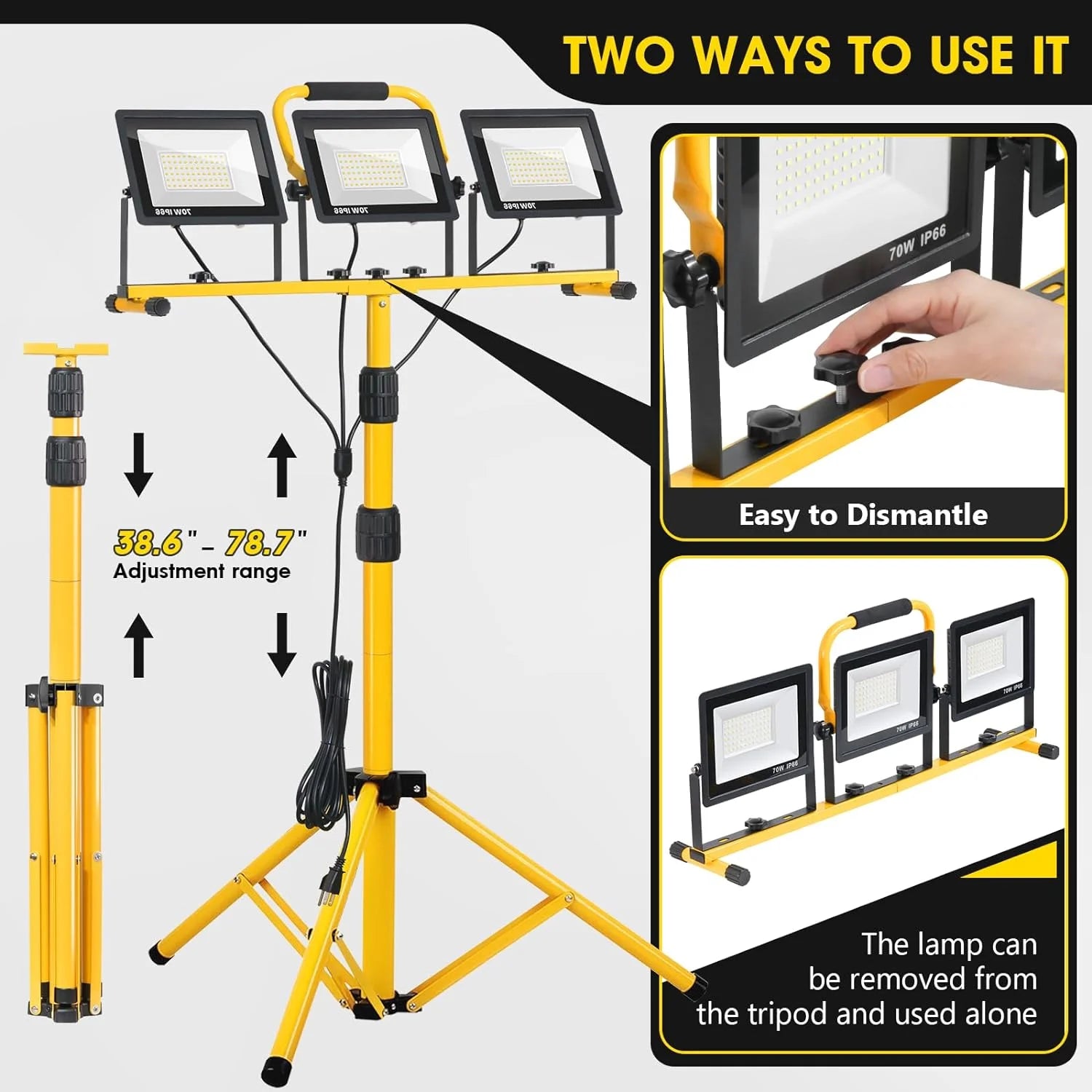 Special 21000Lumen LED Work Lights with Stand, 3 Head Portable Work Light with 16FT Cord, IP66 Waterproof Tripod - Image 5