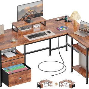 Special Furologee 66″ L Shaped Desk with Power Outlet, Reversible Home Office Desk with File Drawer, 2 Monitor Stands