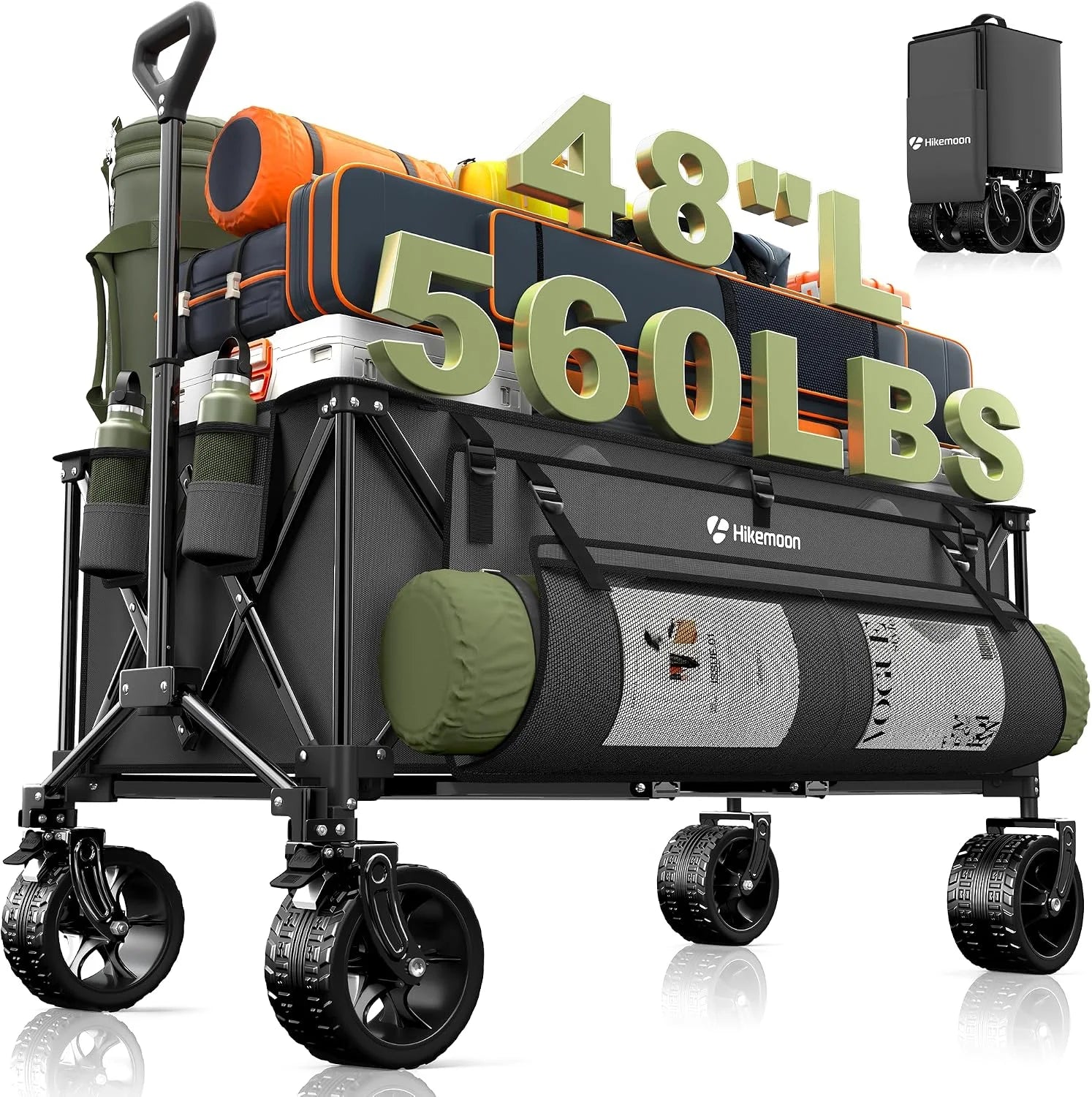 Special HIKEMOON 48″ Extra Large Collapsible Wagon with Big Wheels, 300L Black, 560LBS Heavy Duty