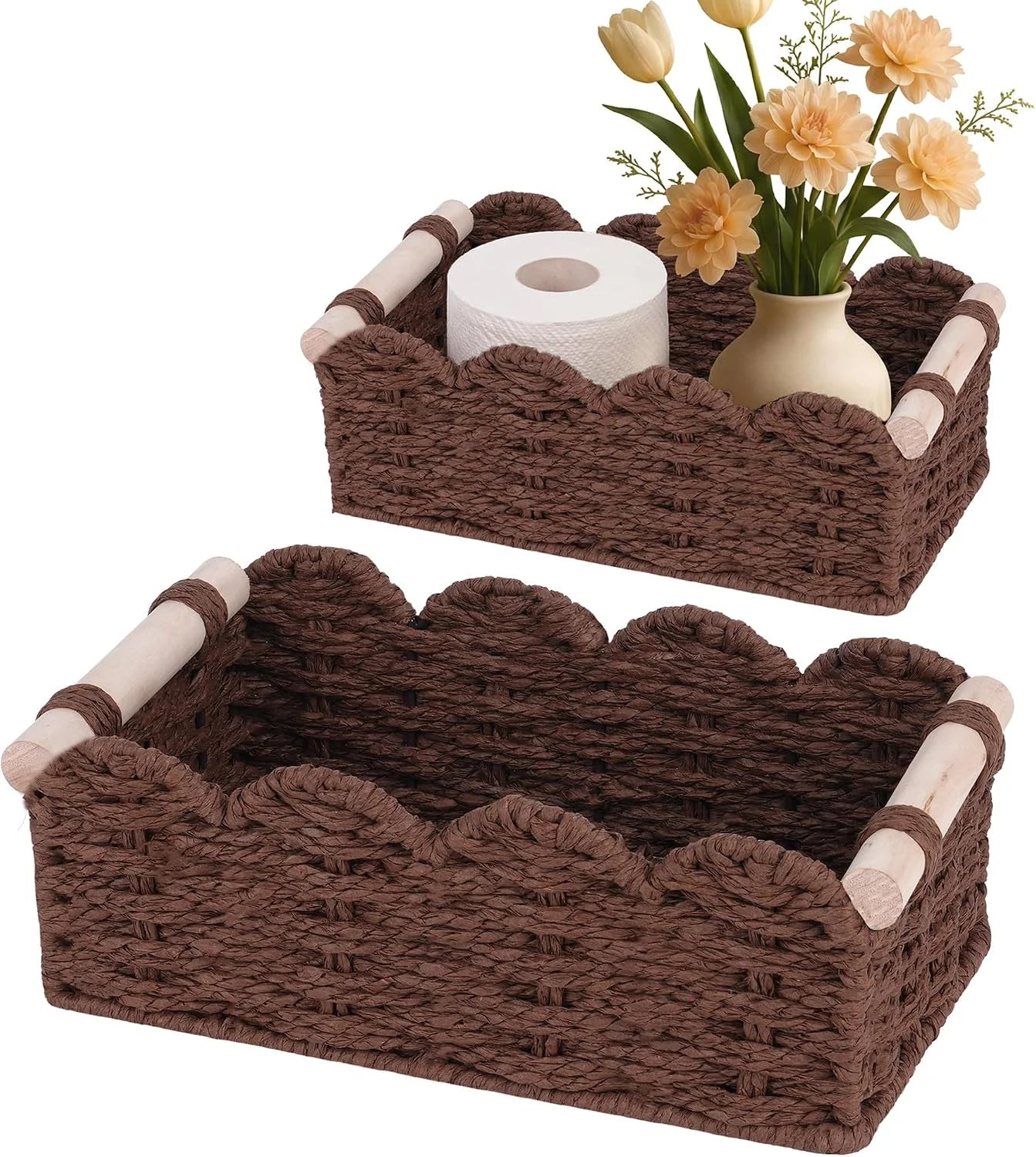 Special Storage Organizing Baskets, Set of 2 Scalloped Edge Wicker Basket with Wooden Handles Toilet Paper