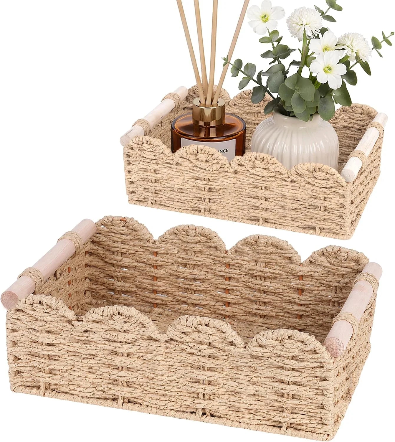 Special Storage Organizing Baskets, Set of 2 Scalloped Edge Wicker Basket with Wooden Handles Toilet Paper - Image 3