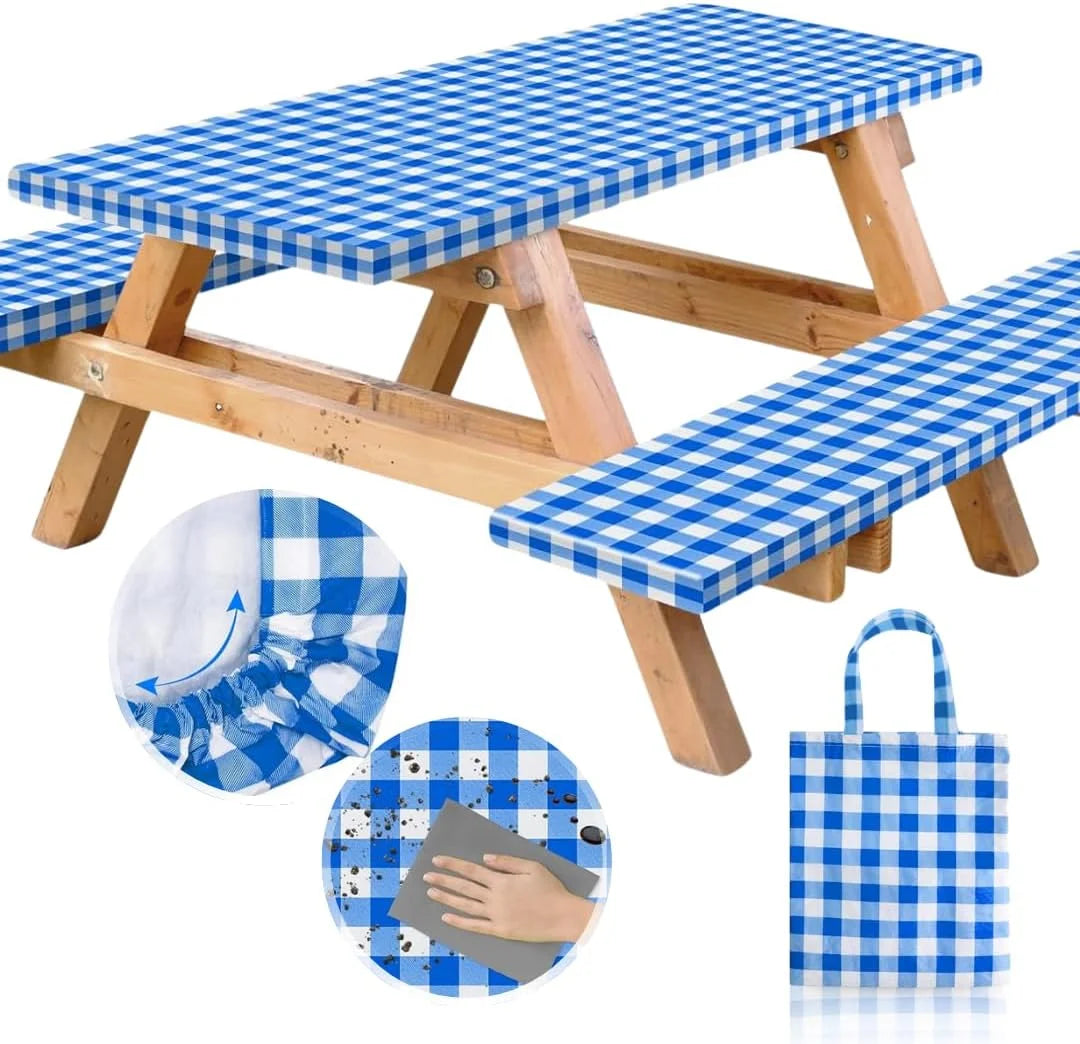 Special Premium Vinyl Fitted Picnic Table Cover with Bench Covers & Bag, Outdoor Waterproof & Windproof Durable Tablecloth with Elastic Edges - Image 2