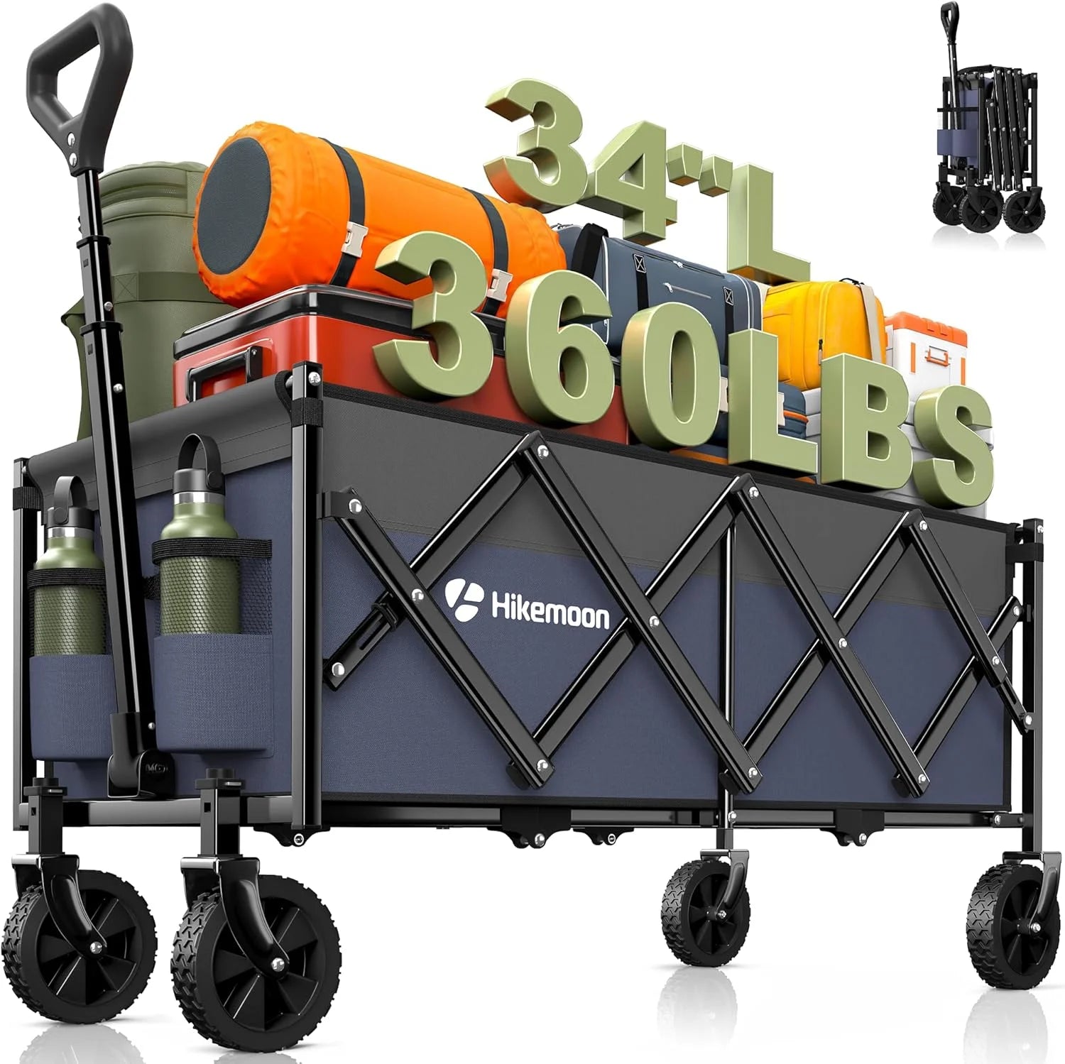 Special 34” Extra Long Folding Portable Wagon Cart, 120L 360LBS Black, Heavy Duty - Image 5