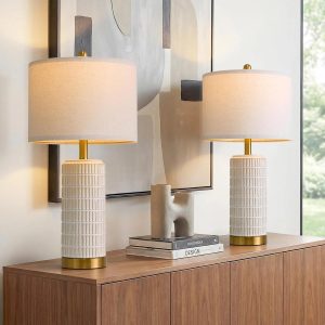 Special PoKat Small Bedside Table Lamps Set of 2 for Bedroom Living Room, 21.5″ Modern Ceramic Nightstand Lamps with Gold Base
