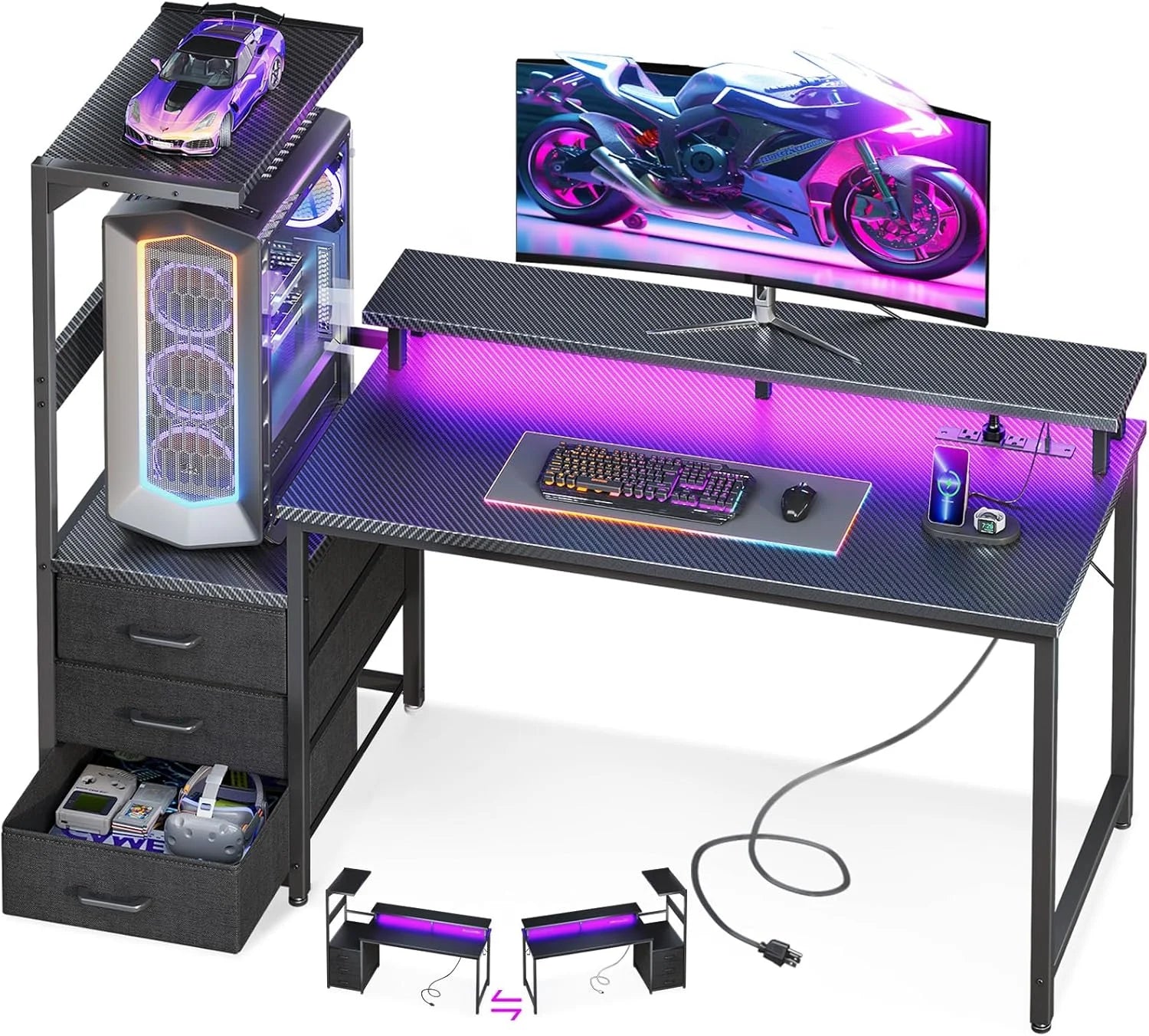 Special Gaming Desk w/PC Showcase Stand, 59 Reversible, Elevated stand fits Lian Li O11, Hyte Y60. Triple drawers hide - Image 3