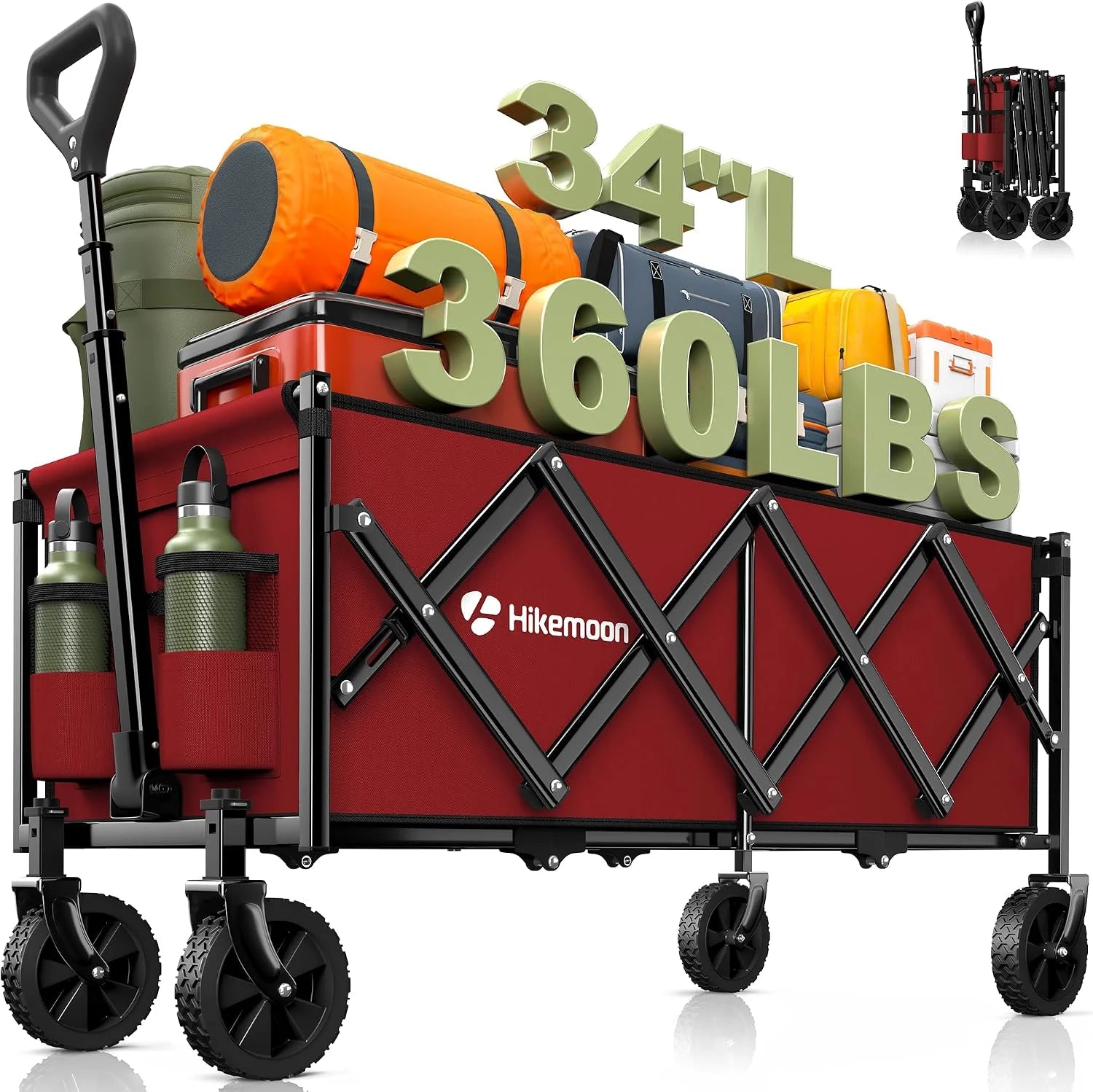 Special 34” Extra Long Folding Portable Wagon Cart, 120L 360LBS Black, Heavy Duty - Image 7