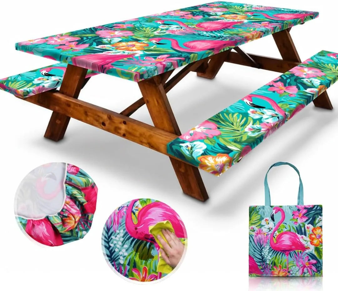 Special Premium Vinyl Fitted Picnic Table Cover with Bench Covers & Bag, Outdoor Waterproof & Windproof Durable Tablecloth with Elastic Edges - Image 6