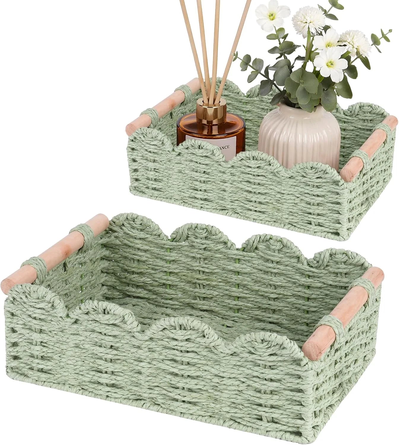 Special Storage Organizing Baskets, Set of 2 Scalloped Edge Wicker Basket with Wooden Handles Toilet Paper - Image 7