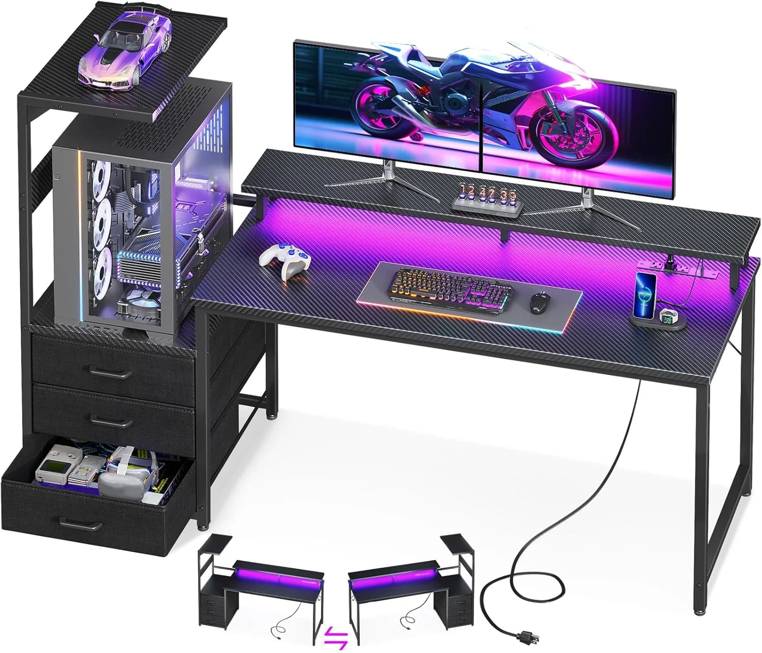 Special Gaming Desk w/PC Showcase Stand, 59 Reversible, Elevated stand fits Lian Li O11, Hyte Y60. Triple drawers hide - Image 4