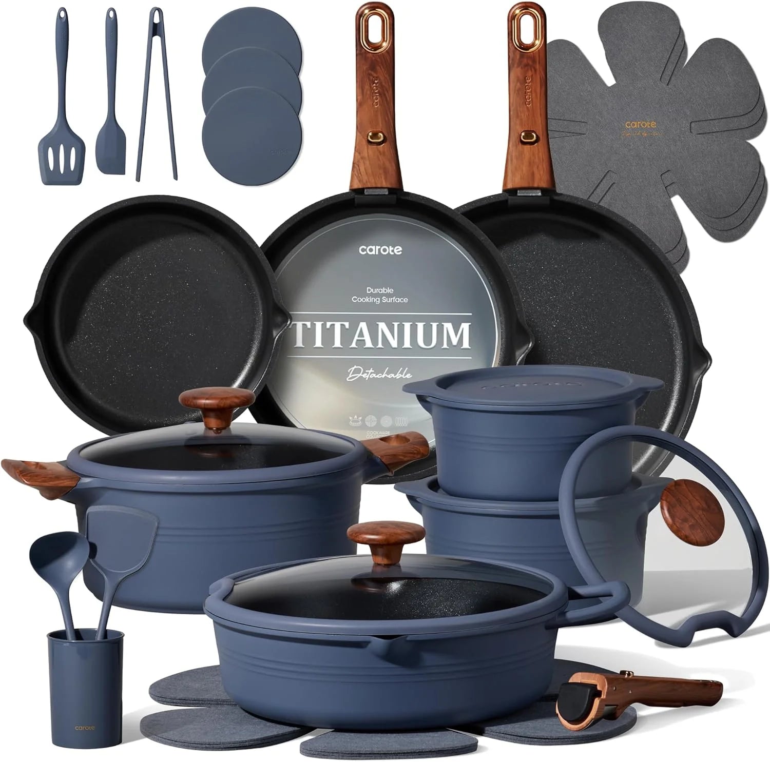 Special CAROTE 20pcs Titanium Cookware Set, Pots and Pans Set Detachable Handle - Image 2