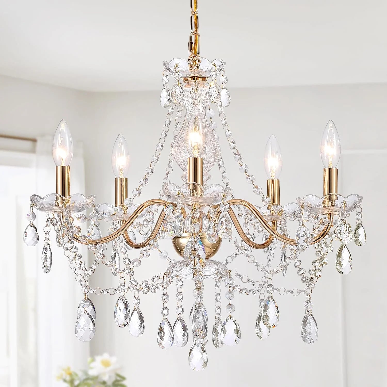 Special Crystal Gold Chandelier, 5 Light, Glass Crystal Hanging Pendant Lighting - Image 3