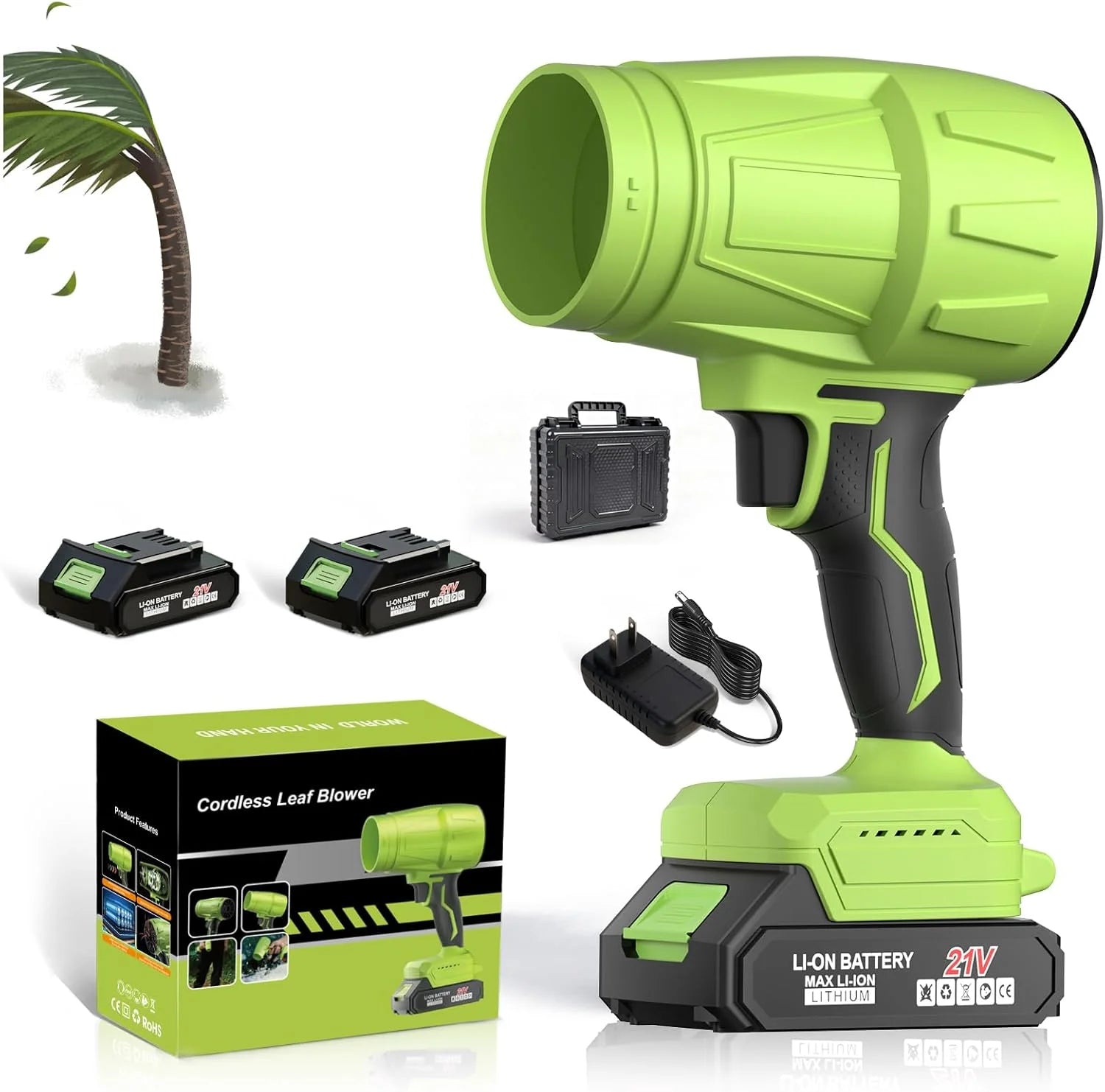 Special Blower 2×6.0Ah Battery & Charger, Electric Cordless Leaf Blower(Green) – For Yard Cleanup