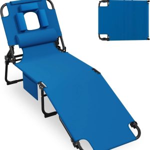 Special 400lbs Tanning Chair with Face Hole, 5-Position Folding Chaise Lounge Chair with Side Pockets