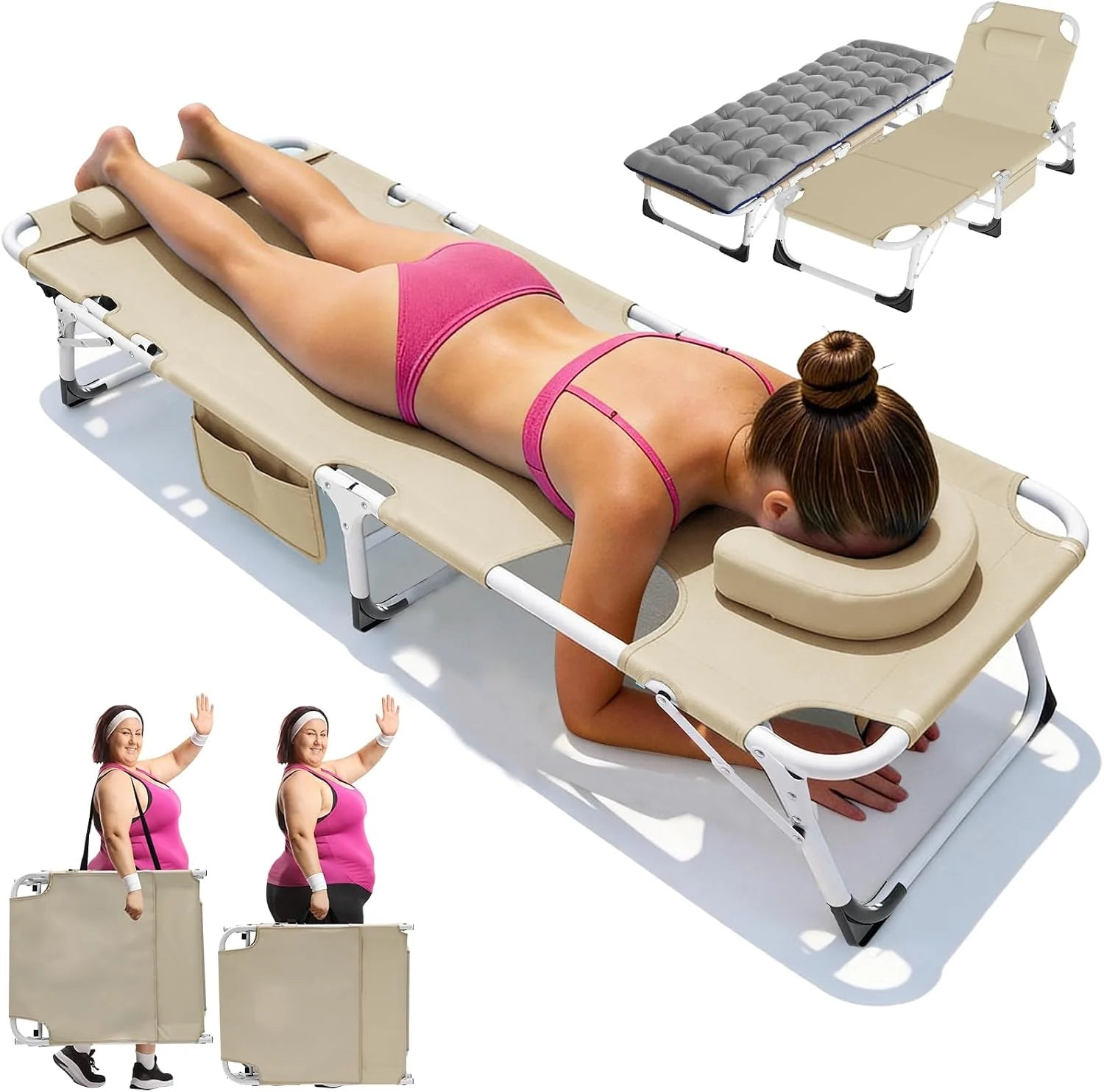 Special Heavy Duty Tanning Chair, Outdoor 5-Position Folding Chaise Lounge Chair with Pad, Portable Beach Lounge Chair - Image 12